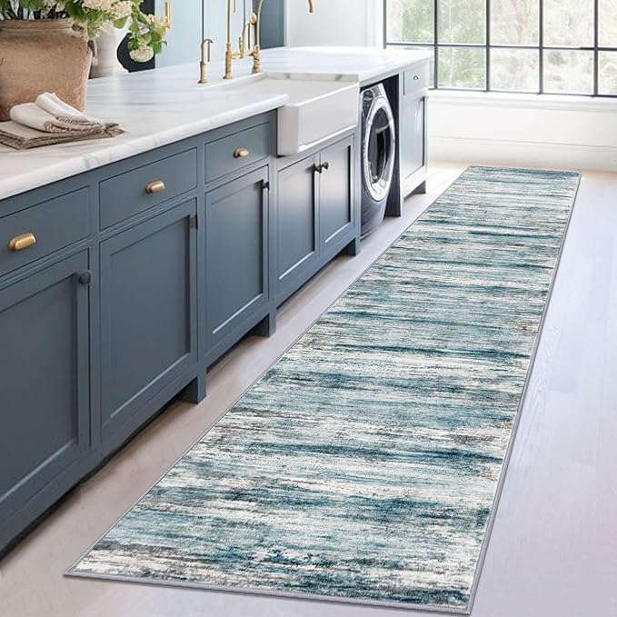 KOZYFLY Modern Abstract Hallway Runner Rug, 2.6x12 Washable Rug Runner Non-Slip Soft Striped Kitchen Runner Rugs, Print Blue Carpet Runner for Entryway Bathroom Laundry Room Foyer