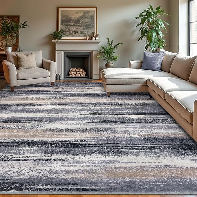 Lansny Modern Abstract 9x12 Large Machine Washable Living Room Rug Non-Slip Soft Bedroom Area Rug Grey Black Multi Ultra Thin Print Faux Wool Carpet Throw Rugs for Nursery Playroom Dining Room Indoor