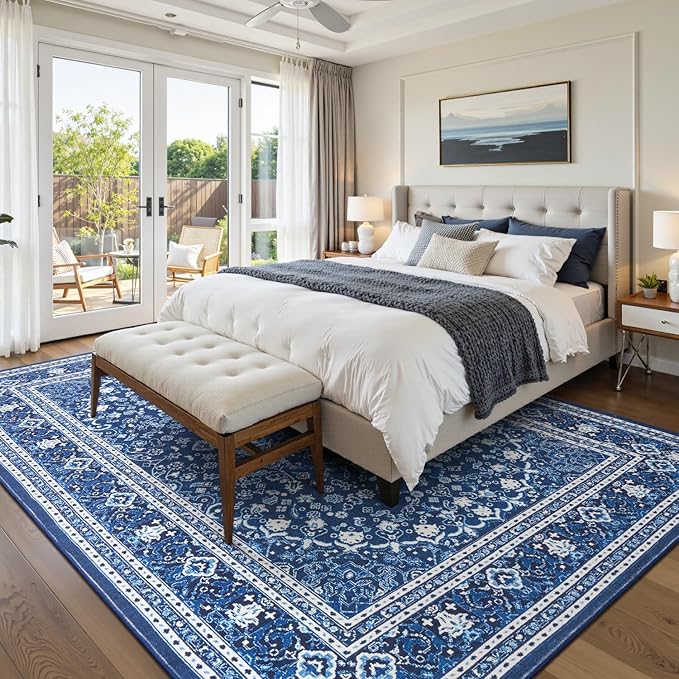 Lofus 8x10 Area Rugs for Living Room, Machine Washable Non-Slip Area Rug, Low Pile Large Rugs for Bedroom, Kitchen, Dining Room, Home Office, Vintage Oriental Print Rug, Dark Blue with White