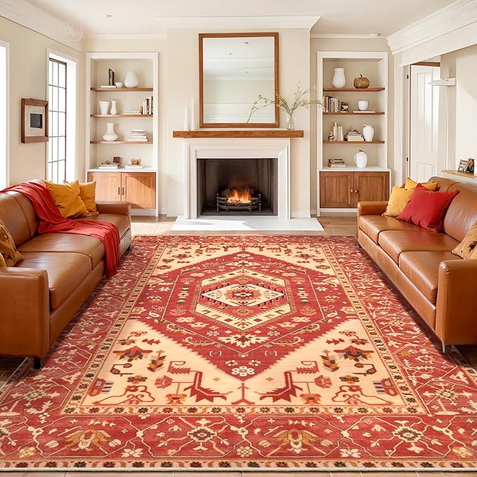 SERISSA 9x12 Area Rugs for Living Room, Large Washable Non-Slip Boho Rug, Ultra Soft Vintage Red Oriental Tribal Print Distressed Carpet for Dining Room Bedroom Dorm Office Home Decor