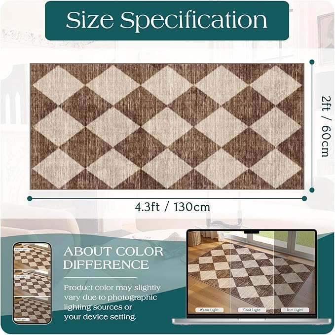 Front Door Mat Indoor Entrance - 2x4.3 Ft Brown Beige Non-Slip Washable Outdoor Porch Rug Doormats Geometric Checkered Diamond Runner Rug for Front Door Kitchen Hallway Bedroom Laundry Room