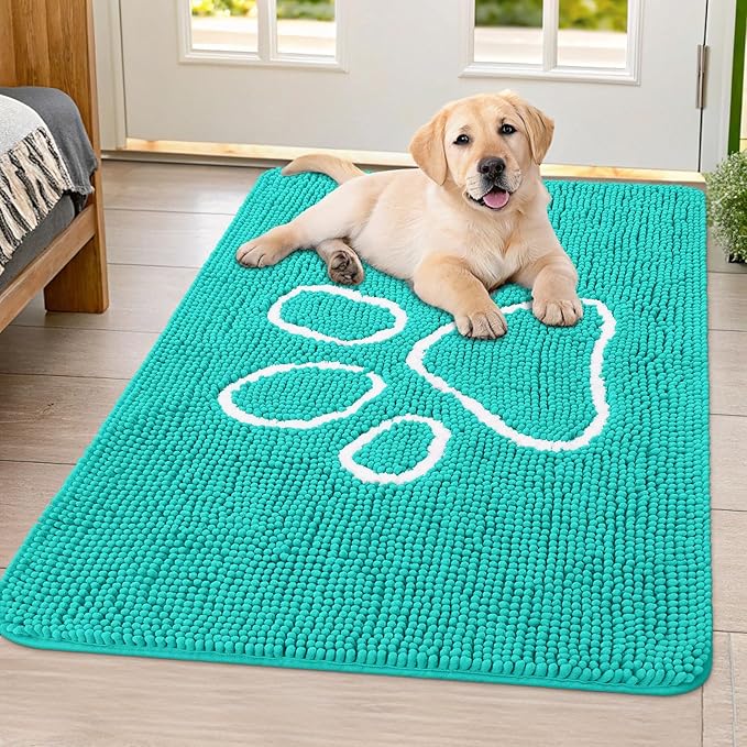 Smiry Dog Door Mat for Muddy Paws, Absorbent Dirt Trapper Non Slip Quick Dry Washable Chenille Mat for Mud Dogs, Entry Rug for Indoor and Outdoor (40x32 Inches, Turquoise and White)