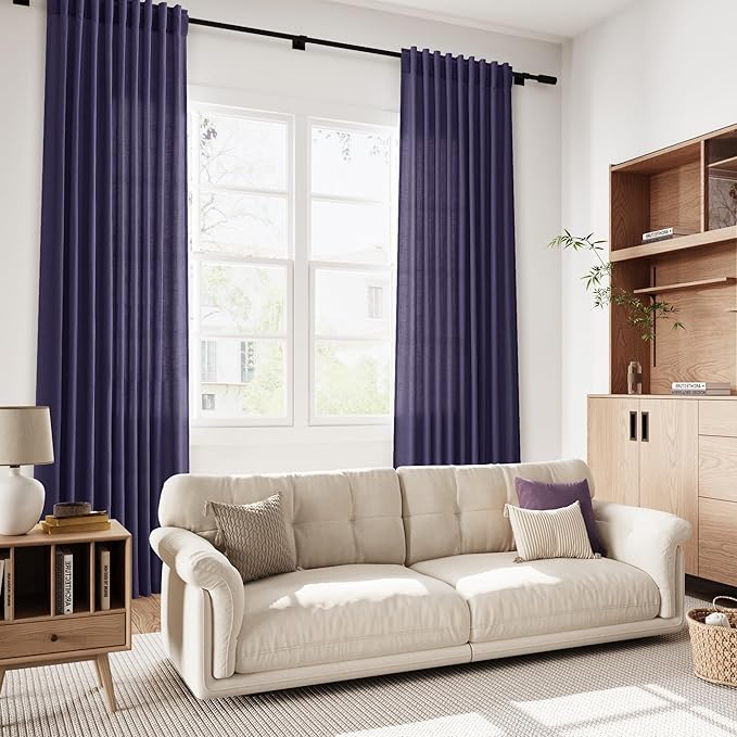 Nanspring Purple Linen Blend Light Filtering Back Tab Curtains 96 Inches Long, Semi Sheer Privacy Drapes for Living Room & Bedroom, 52x96 inch, 2 Panels