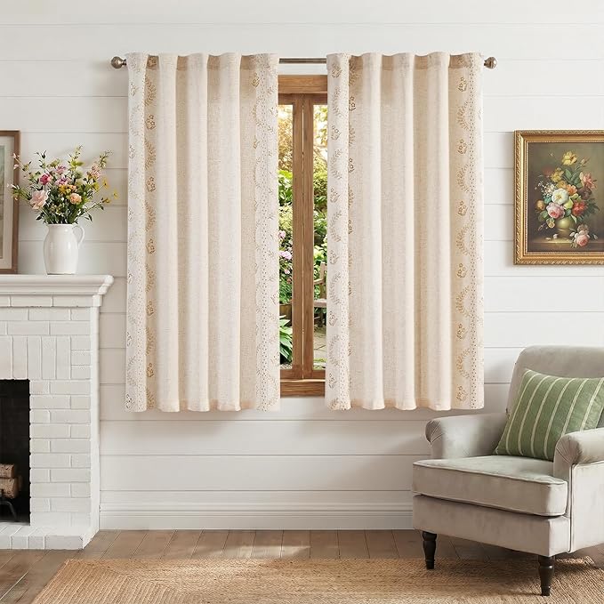 jinchan Belrose Linen Floral Cafe Curtains 54 Inch Length Embroidered Farmhouse Curtains for Kitchen Bedroom Bathroom Small Windows Curtain Set Light Filtering 2 Panels Beige