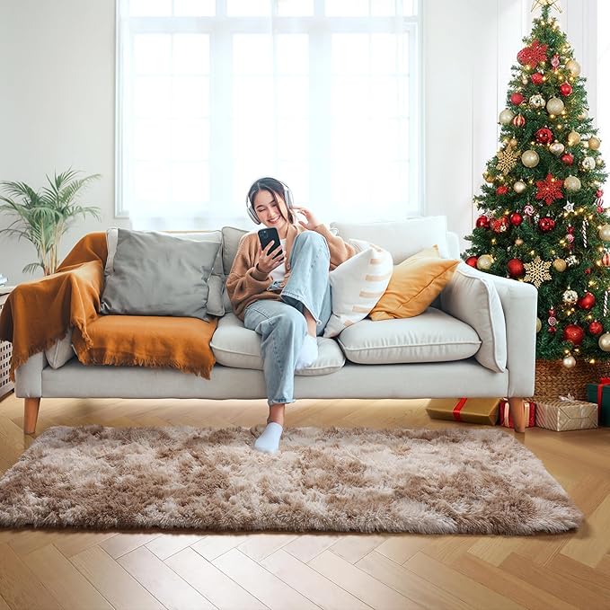 ONASAR Runner Rugs for Bedroom Living Room, Tie-Dyed Beige 2x6 Bedside Hallway Fluffy Area Rug, Ultra Soft Plush Furry Faux Fur Non Slip Floor Carpet for Nursery Kids Dorm Closet Home Decor