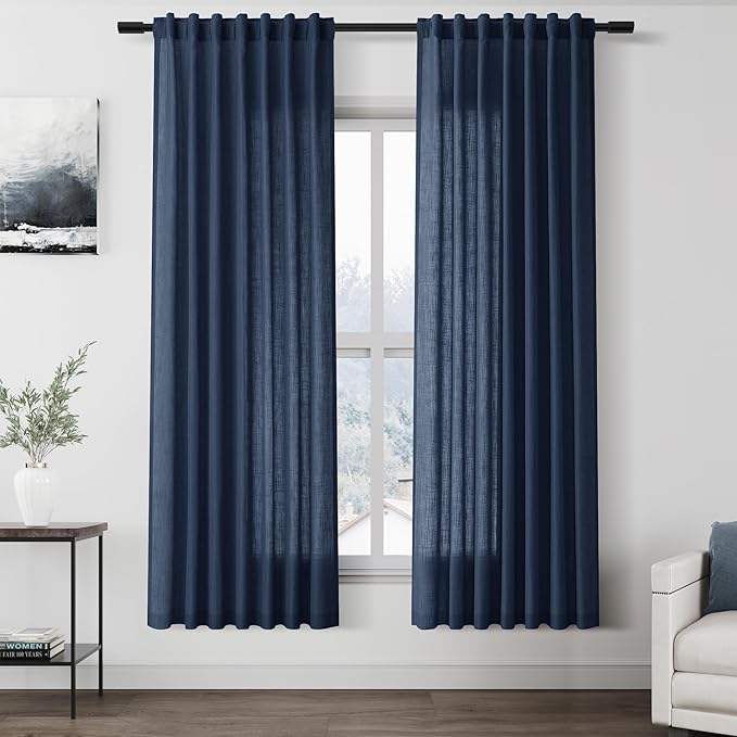 Denim Blue Linen Curtains 72 Inch Length for Living Room Sheer Lightweight Door Drapes 2 Panels Set for Kids Bedroom Light Filtering Back Tab Rod Pocket Curtain for Kitchen Protect Privacy 52x72