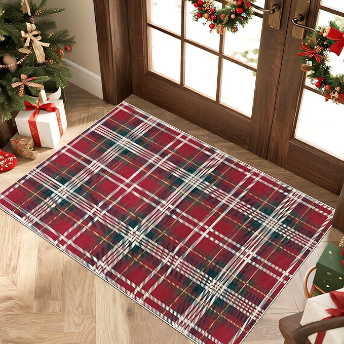 Christmas Front Door Mat Indoor Entrance - 2x3 Ft Non-Slip Doormat Outdoor Rug Small Red Holiday Tartan Plaid Entry Rug for Layered Door Mats Front Porch Entryway Kitchen New Year Decor