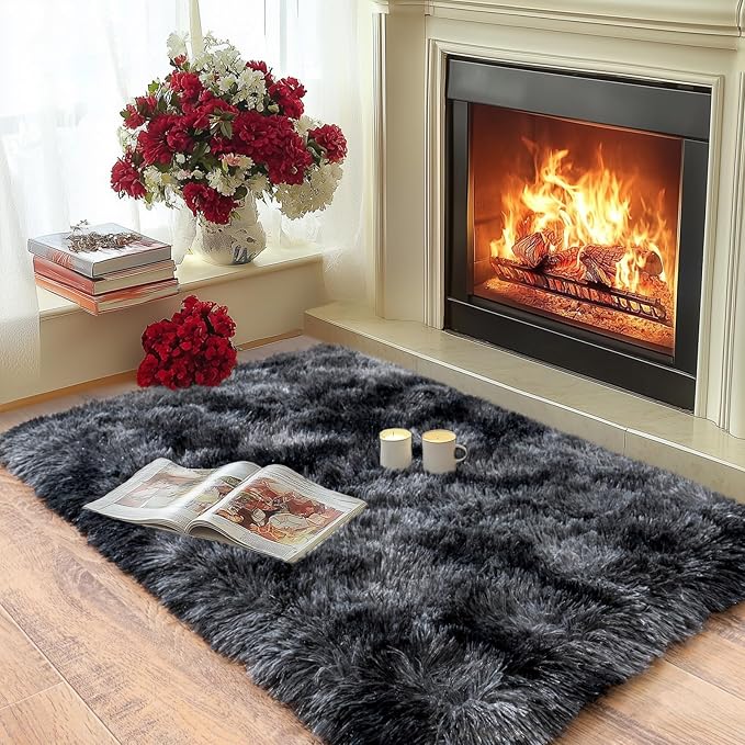 Pionblank Fluffy Small Rug for Bedroom 2x3 Feet, Shag Soft Area Rug, Modern Plush Carpet, Furry Cute Bedside Rug for Kids Girls Boys Room Nursery Decor, Dark Grey