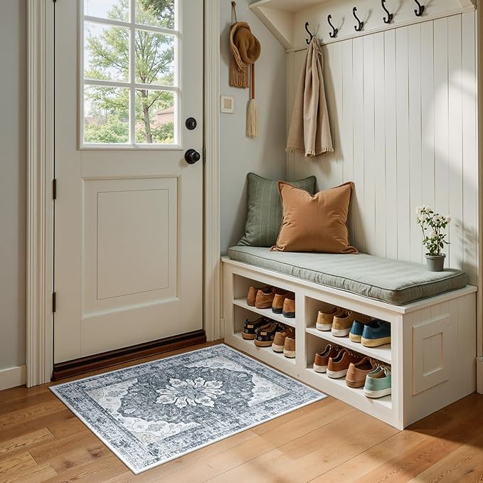 Area Rugs 2'x3' Kitchen Rugs Entry Rug Small Rugs for Entryway Kitchen Bathroom Door Mat Indoor Entrance,Washable Non Slip, Light Gray Grey White