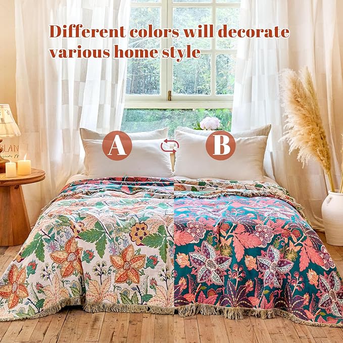 MSGKV Boho Throw Blanket for Bed Twin Size 100% Cotton Floral Blanket 60"x80" Lightweight Farmhouse Muslin Spring Breathable Couch Blankets Home Decor All Seasons