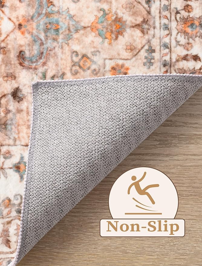 SERISSA Boho Washable Runner Rug, 2x5 Non-Slip Vintage Peach Cream Hallway Kitchen Runner Rug Ultra Soft Print Distressed Floor Carpet for Bedroom Bathroom Laundry Living Room