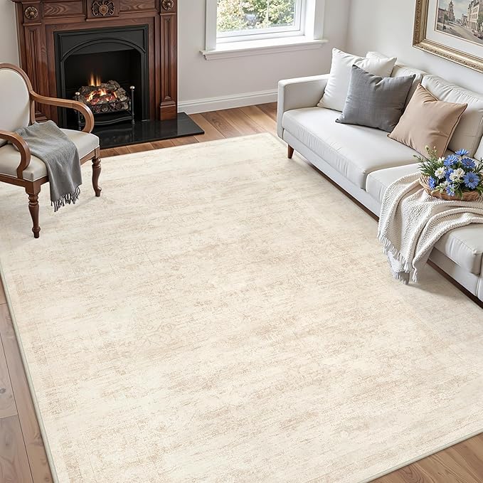 5x7 Area Rugs for Living Room: Vintage Boho Neutral Washable Rug Indoor Soft Large Area Rug Carpet for Bedroom Nursery Farmhouse Dining Room Office Floor Non-Slip Low Pile Under Table Rug Retro Beige