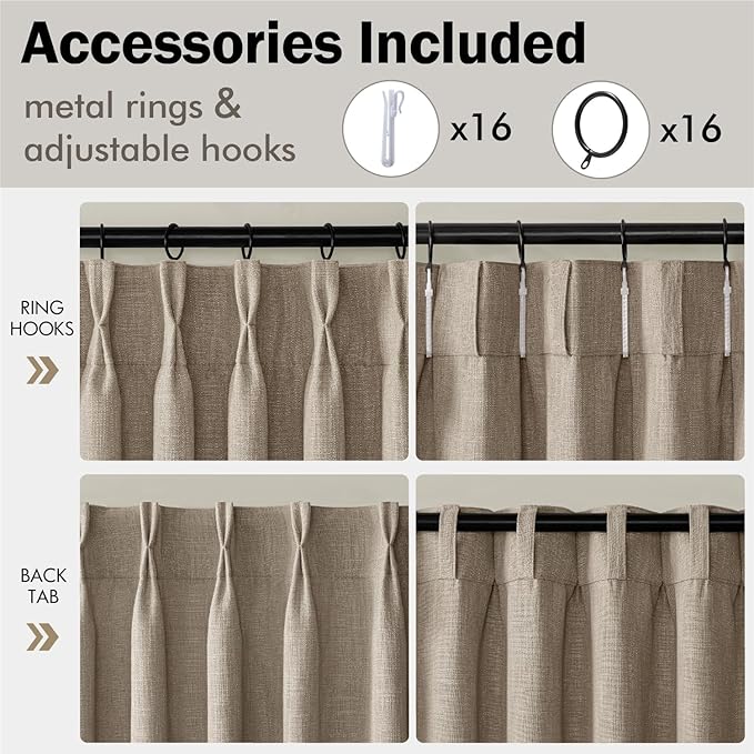 MIULEE Pinch Pleated Thick Linen Curtains 84 Inches Long 2 Panels for Living Room Bedroom, Memory Trained Drapes Pleat Back Tab Light Filtering Grey Beige Window Curtains with Hooks&Rings