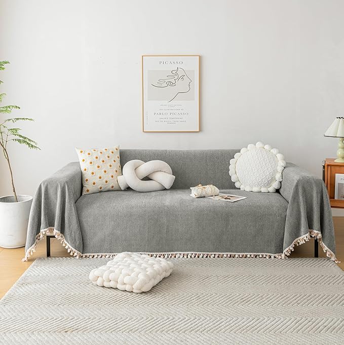 HANDONTIME Couch Slipcovers for Sofas Dark Grey Couch Cover Sofa Cover for Dogs Boho Pet Couch Protector with Tassel Sectional Throw Cover Chenille Herringbone Couch Cover for 3 Seat Sofa, 91" X150"