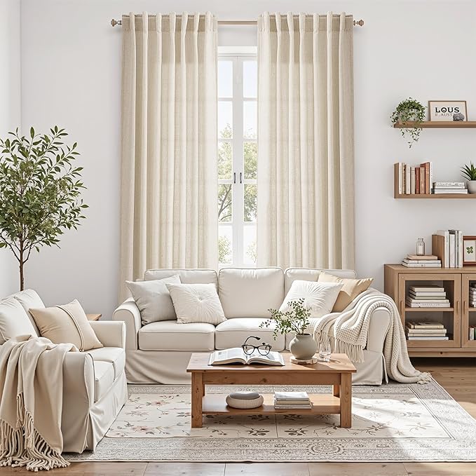 Cream Beige Linen 112 Inch Curtains for Living Room Light Filtering Semi Sheer Curtain Back Tab Modern Farmhouse Decor Elegant Coastal Drapes Floor to Ceiling High Window for Bedroom 52x112, 2 Panels
