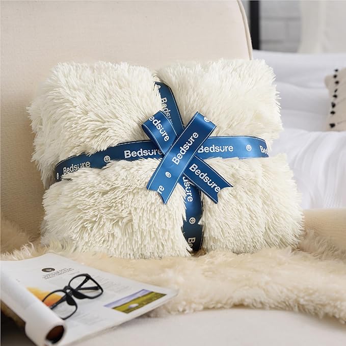 Bedsure GentleSoft Fluffy Cream Throw Blanket Decorative Blankets for Bed Couch Sofa, Cream Decor Sherpa Fleece Soft Cozy Fuzzy Plush Thick Warm Faux Fur Decorations, Ivory Girl Gifts, 50x60