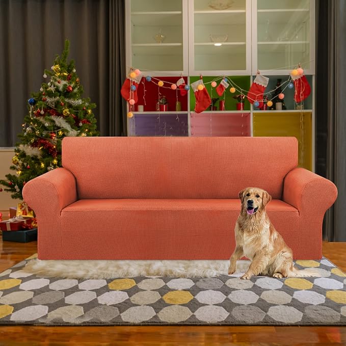 KEKUOU Stretch Sofa Cover Slipcover ，Couch Covers for 3 Cushion Couch Sofa (78"-94") Furniture Protector 3 Seater Sofa with Elastic Bottom for Kids,Dog(Large,Pureed Pumpkin)