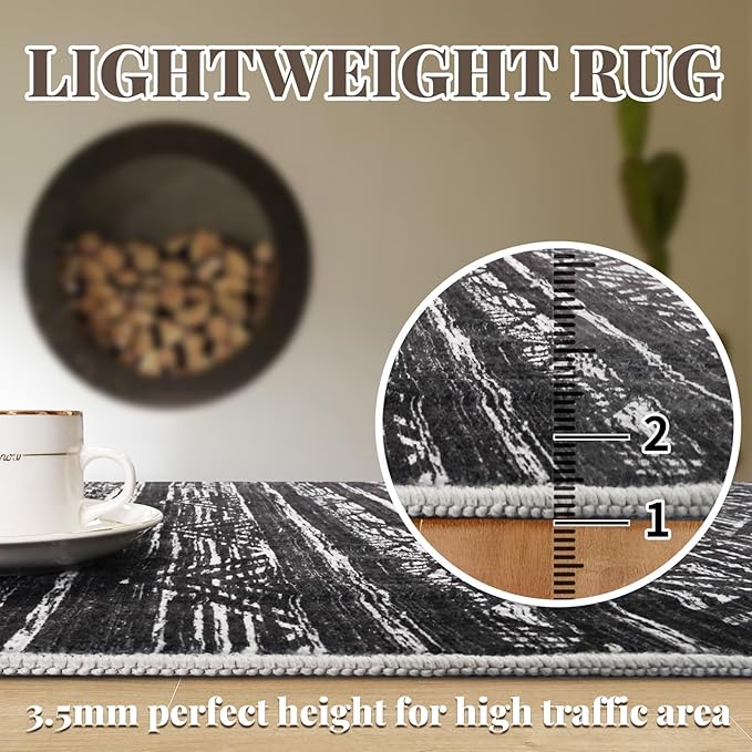 3x7 Washable Hallway Runner Rug - Moroccan Non-Slip Indoor Table Long Runners for Entryway Soft Low-Pile Neutral Rugs for Kitchen Waterproof Geometric Carpet for Bedroom Bathroom Laundry 3x7 Black