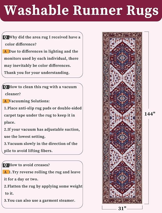 SERISSA Runner Rug for Hallways, 2'6"x12' Washable Non Slip Runner Rug, Extra Long Boho Rug Ultra Soft Vintage Burgundy Navy Print Floor Carpet for Bedroom Hallway Entryway Bathroom Laundry Room