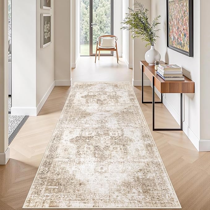 Runner Rug 2x6 Washable Rug, Vintage Boho Medallion Hallway Runner Non-Slip Soft Low Pile Distressed Floor Carpet Retro Doormat for Kitchen Bedroom Laundry Entryway Bathroom (Brown, 2'x6')