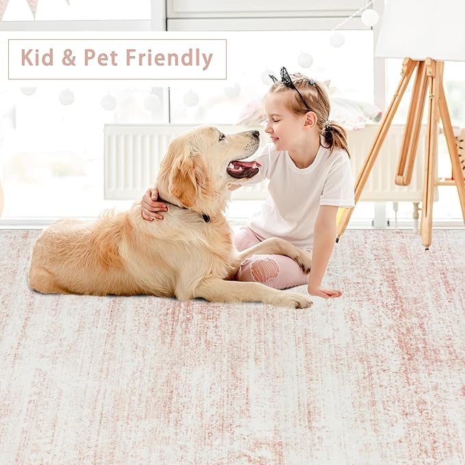 Washable Rugs 4x6 Area Rugs for Living Room,Bedroom,Kids Room,Nursery- Soft Faux Wool Small Carpets,Non Slip&Non-Shedding Low Pile Vintage Print Rugs for Enterway,Home Office Decor-Pink White