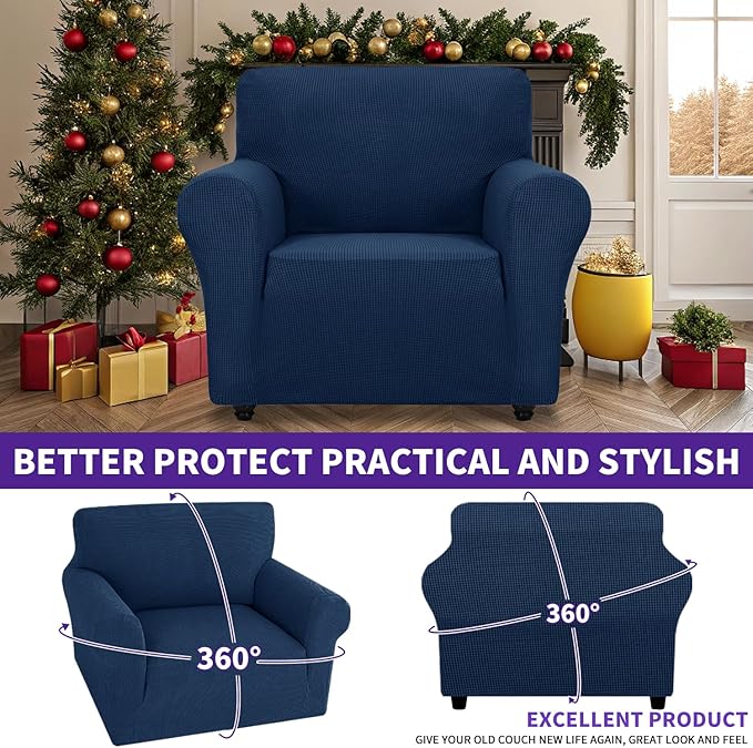 ZNSAYOTX Super Stretch Chair Slipcover Universal Sofa Chair Covers for Living Room Dogs Pet Furniture Protector Spandex Armchair Slipcovers with Anti Slip Foam Sticks (Navy Blue, Chair)