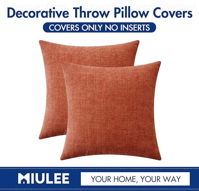 MIULEE Pack of 2 Couch Throw Pillow Covers 20x20 Inch Soft Burnt Orange Chenille Pillow Covers for Sofa Living Room Solid Dyed Pillow Cases