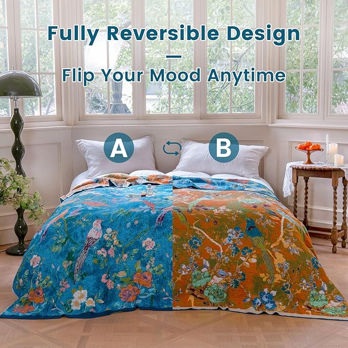 MSGKV Boho Throw Blanket for Couch 50"x60" Cotton Blanket with Floral and Bird Spring Breathable Lightweight Farmhouse Decorative Blankets for Sofa Muslin All Seasons