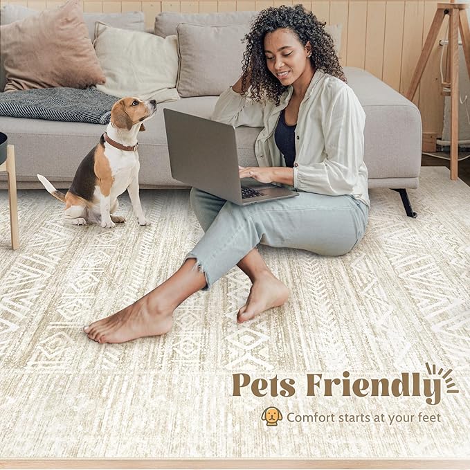 Living Room Rugs 8x10: Washable Moroccan Geometric Boho Rug Farmhouse Non Slip Stain Resistant Large Rug Low Pile Soft Carpet for Bedroom Dining Room Kids Room (Ivory Beige,8'x10')