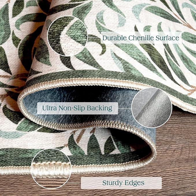 Boho Outdoor Rug - 28" x 43" Front Door Mat Indoor Outside Entrance Non-Slip Washable Outdoor Mat Spring Sage Green Leaf Rug for Entryway Kitchen Bedroom Layered Doormat for Front Porch