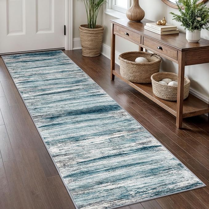 KOZYFLY Modern Abstract Runner Rug, 2x8 Kitchen Rugs Non-Slip Washable Soft Striped Hallway Runner Rugs, Print Blue Carpet Runner for Entryway Bathroom Laundry Room Foyer