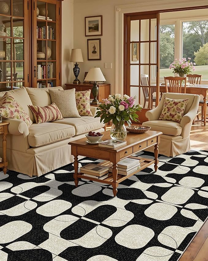 Latte&Fog 8x10 Area Rugs for Living Room, Large Vintage Washable Rug, Boho Non Slip Low Pile Carpet for Indoor Bedroom, Dining Room, Office, Dorm, Classroom, Farmhouse and Kids Room - Black Beige