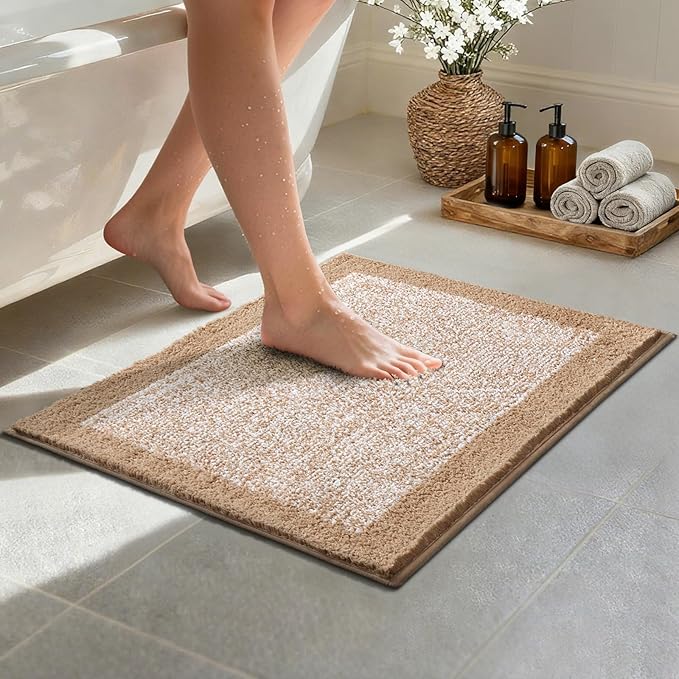 Bathroom Rugs 24x17 Non Slip Washable, Beige Bath Mat for Bathroom Floor Tub, Soft Absorbent Quick Dry Mats for Shower, Bathtub,Home Decor