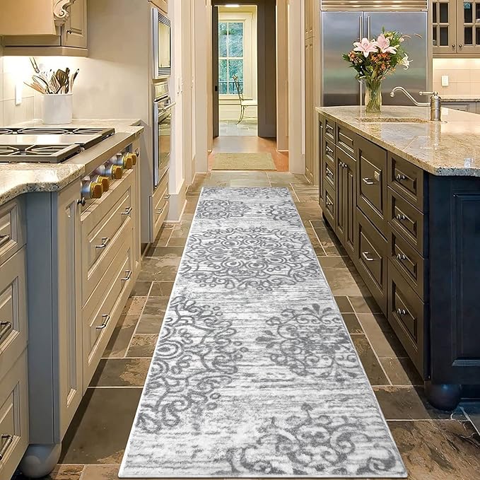 HEBE Hallway Runner Rug 2'x8' Washable Vintage Distressed Area Rugs Non Slip Laundry Rug Runner Boho Floor Carpet Runners for Hallways Entryway Laundry Room Kitchen Bathroom,Grey