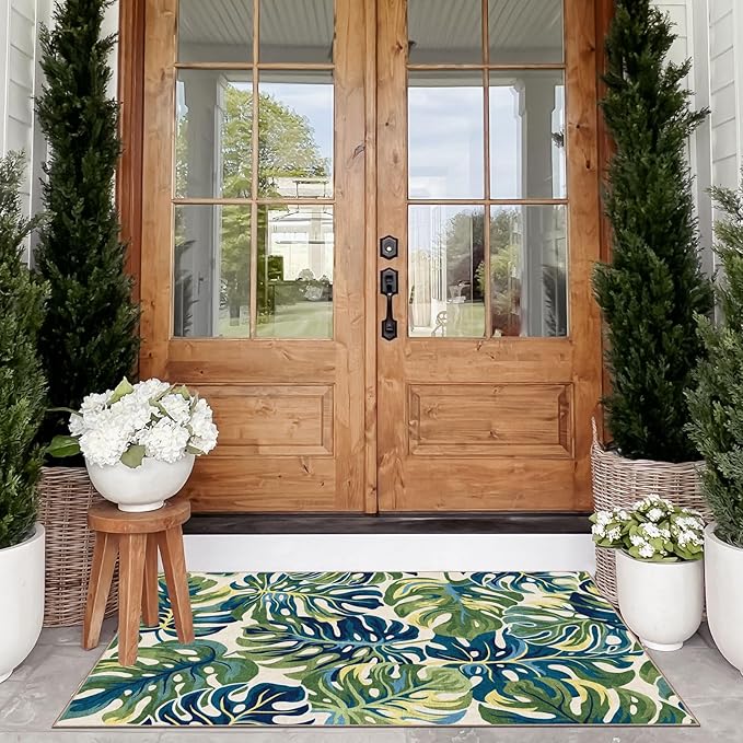 Boho Outdoor Rug - 28" x 43" Front Door Mat Indoor Outside Entrance Non-Slip Washable Outdoor Mat Tropical Green Blue Leaf Rug for Entryway Kitchen Bedroom Layered Doormat for Front Porch
