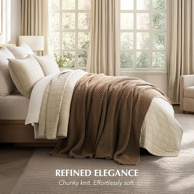 EVERGRACEHOME Chunky Chenille Knit Throw Blanket for Couch, Soft Luxurious Oversized Queen Moss Stitch Blanket for Bed, Cozy Farmhouse Knitted Throw for Sofa, Camel Brown, 90" x 90"