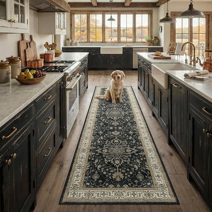 RELEANY Area Rugs 2'x8' Runner Rug Non Slip Washable for Kitchen Hallway Bedroom Beside Laundry Room Bathroom Rug, Floor Carpet, Vintage Black Brown Neutral