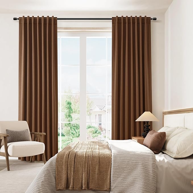 Guken Caramel Brown 100% Blackout Linen Curtains 72 Inch Length 2 Panels Set for Living Room Bedroom Back Tab/Rod Pocket Thermal Insulated Black Out Drapes Room Darkening Farmhouse Window Curtains