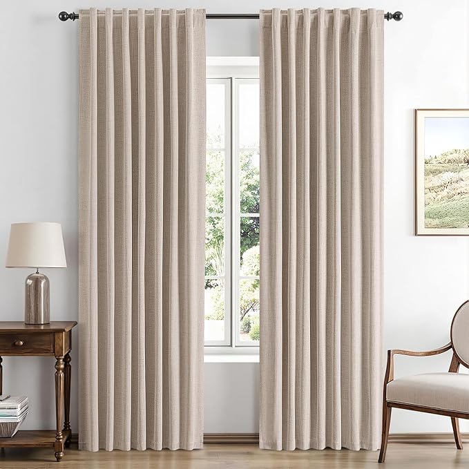 MIULEE 100% Blackout Linen Curtains for Bedroom, Beige Solid Luxury Decor Thermal Insulation Room Darkening Drapes for Living Room Nursery Back Tab Rod Pocket 42 x 72 Inches, 2 Panels