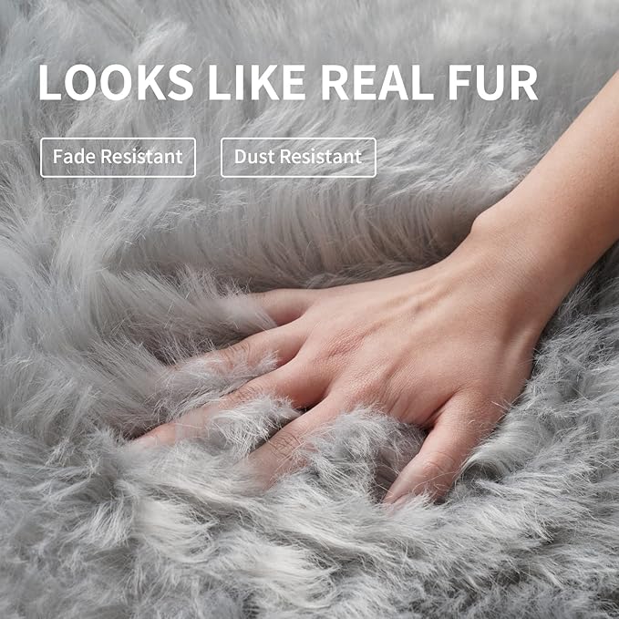Faux Fur Area Rug, Grey Fluffy Rugs for Bedroom Living Room, 4'x6' Soft Shaggy Fuzzy Rug for Nursery, Indoor Plush Gray Floor Carpets for Kids Girls Boys Teen Dorm, Cute Home Decor, Rectangle