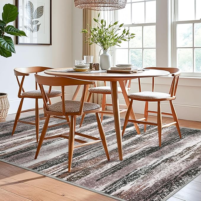 Lansny Modern Abstract 6x9 Machine Washable Living Room Rug Non-Slip Soft Bedroom Area Rug Dark Light Brown White Ultra Thin Print Faux Wool Floor Carpet Throw Rugs for Dining Room Indoor Office