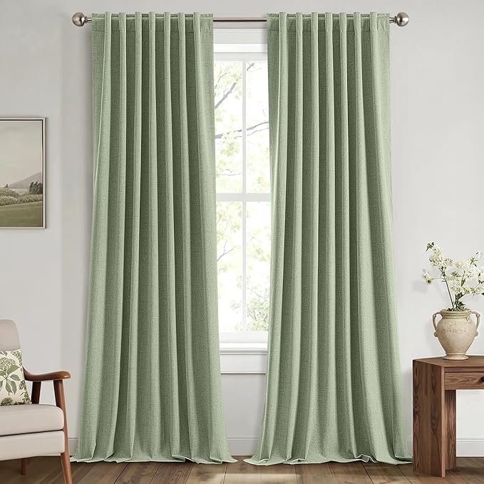 MIULEE 100% Blackout Linen Curtains for Bedroom, Sage Green Solid Luxury Decor Thermal Insulation Room Darkening Drapes for Living Room Nursery Back Tab Rod Pocket 42 x 108 Inches, 2 Panels