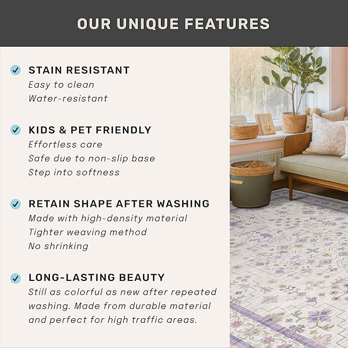 Hazo Haus 6x9 Lavender Rug for Bedroom, Kids Playroom, Non Slip Large Washable Living Room Area Rug, Low Pile Stain Resistant Foldable Boho Fairy Décor