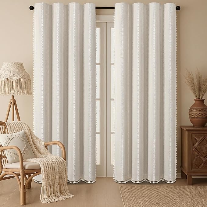 Boho 80% Blackout Curtains with Gray Liner 84 Inches Long 2 Panels Set, Beige Linen Blend Drapes with Tassels and Cotton Embroidered for Living Room Bedroom