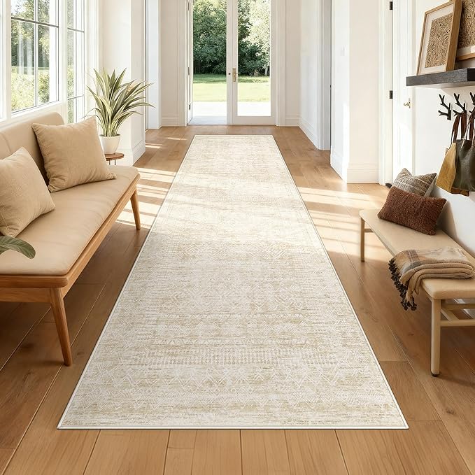 2x8 Washable Runner Rug: Moroccan Geometric Boho Rug Farmhouse Non Slip Stain Resistant Rugs Low Pile Soft Carpet for Porch Kitchen Laundry Room Living Room Bedroom (Beige,2'x8')