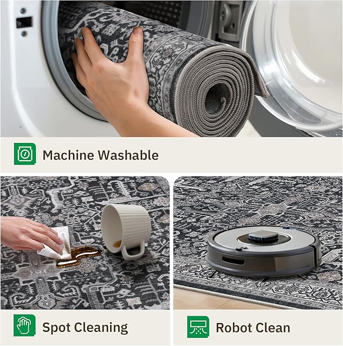 Hallway Washable Runner Rug 2x12 - Non Slip Vintage Kitchen Runner Rugs for Entryway Low-Pile Waterproof Long Runners for Living Room Bedroom Medallion Indoor Floor Mat for Bathroom Laundry Black