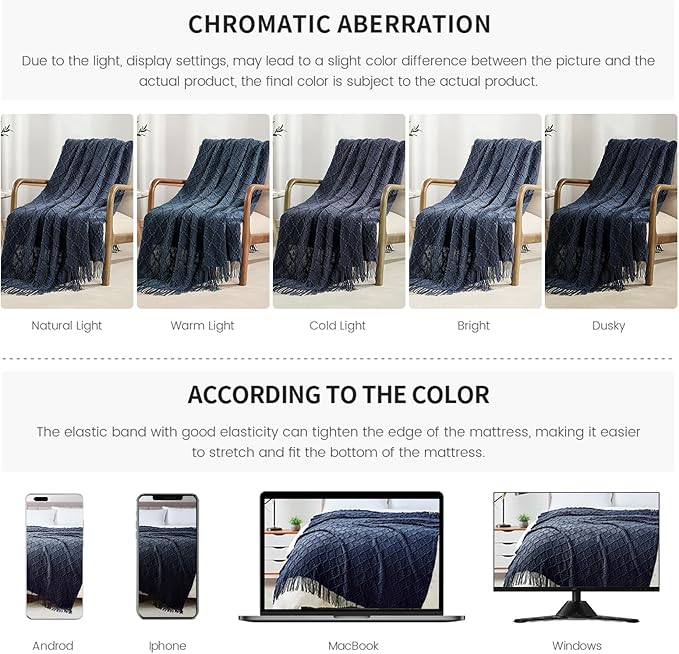 BOURINA Navy Throw Blanket 50 x70 Inches Jacquard Argyle Throw Textured Solid Soft Throws and Blankets for Sofa or Bed Knitted Decorative Blanket