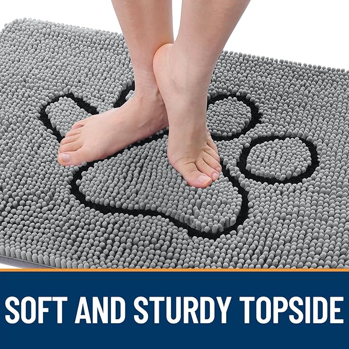 OLANLY Dog Door Mat for Muddy Paws 36x24, Paw Print Design, Absorbs Moisture and Dirt, Absorbent Non-Slip Washable Doormat, Quick Dry Chenille Mud Mat for Dogs, Entry Indoor Entryway Carpet, Grey