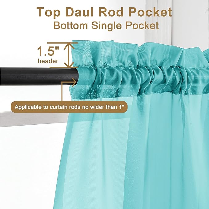 Chyhomenyc Turquoise Sheer Curtains 96 inches Long 2 Panels, Light Filtering Soft Airy Solid Elegant Voile Window Treatment Drapes for Bedroom Living Room Wedding Party Decor, 42 Wx96 L, 8FT L