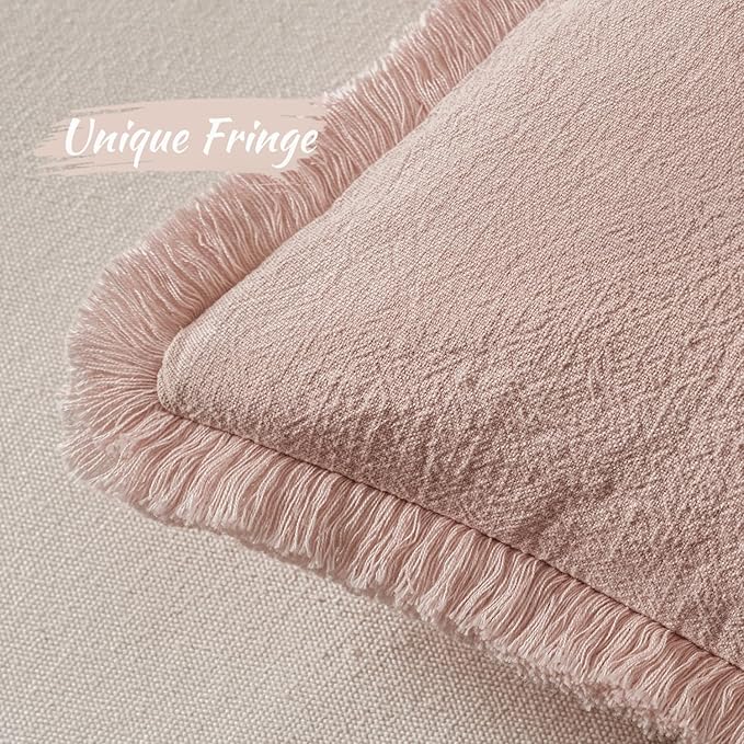 MIULEE Valentines Decorative Throw Pillow Covers Neutral Linen Fringe Throw Pillows Set of 2 Light Pink Boho Farmhouse Cushion Covers for Couch Sofa Bed Living Room Spring Home Decor 20x20 Inch